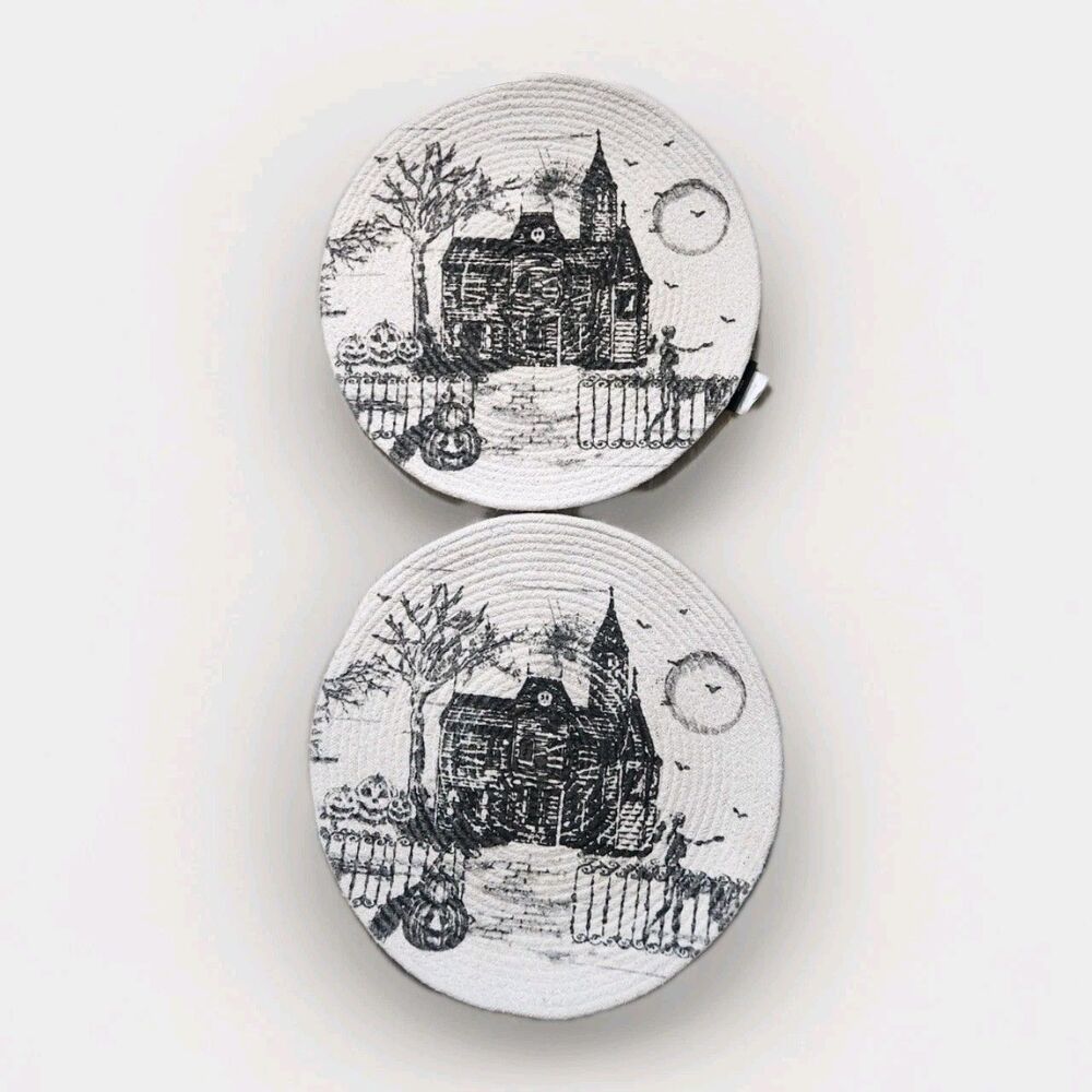 Tahari Home Halloween Haunted House Braided Round Placemats Set of 2 14" GUC